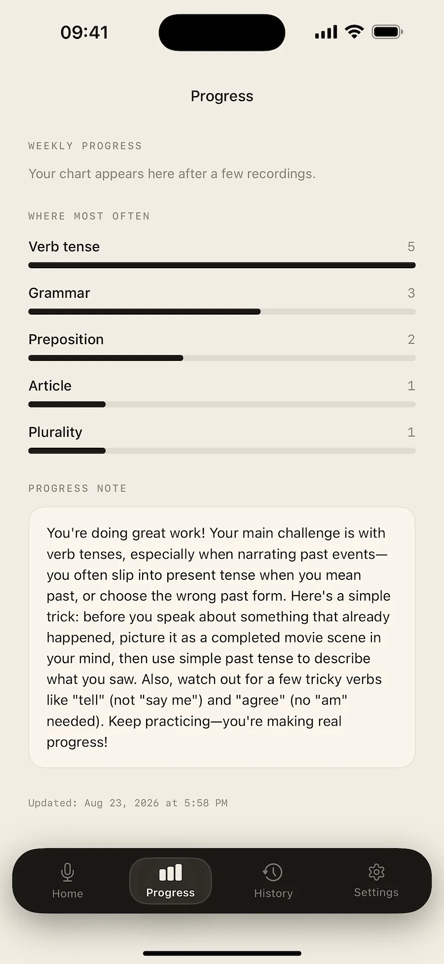 Progress screen with error breakdown and weekly note