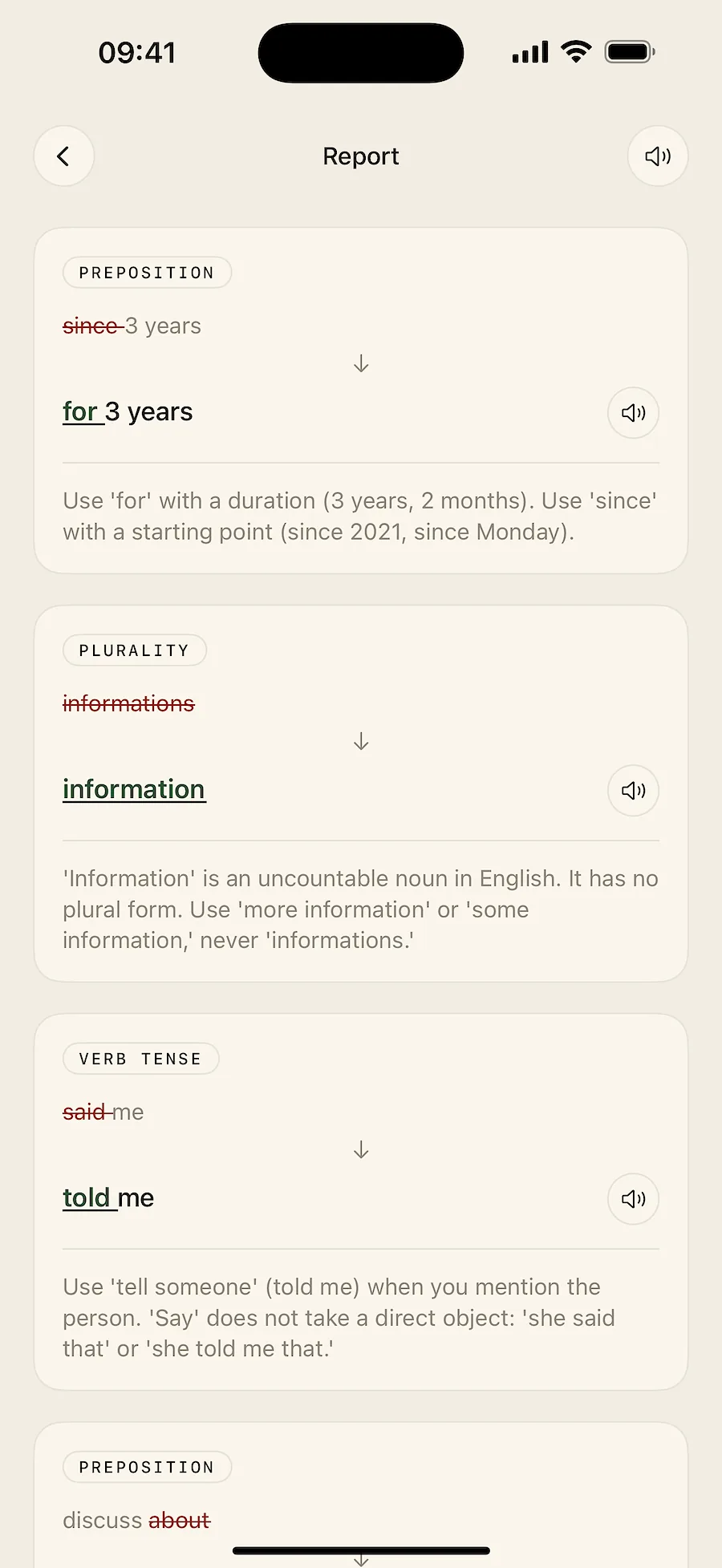 LanguageCoach report: sentence-by-sentence mistakes and corrections